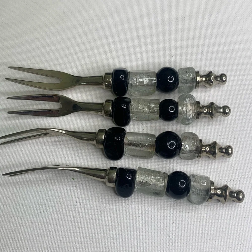4 Glass Beaded Stainless Steel Forks Appetizers Olives Charcuterie Cocktail Set